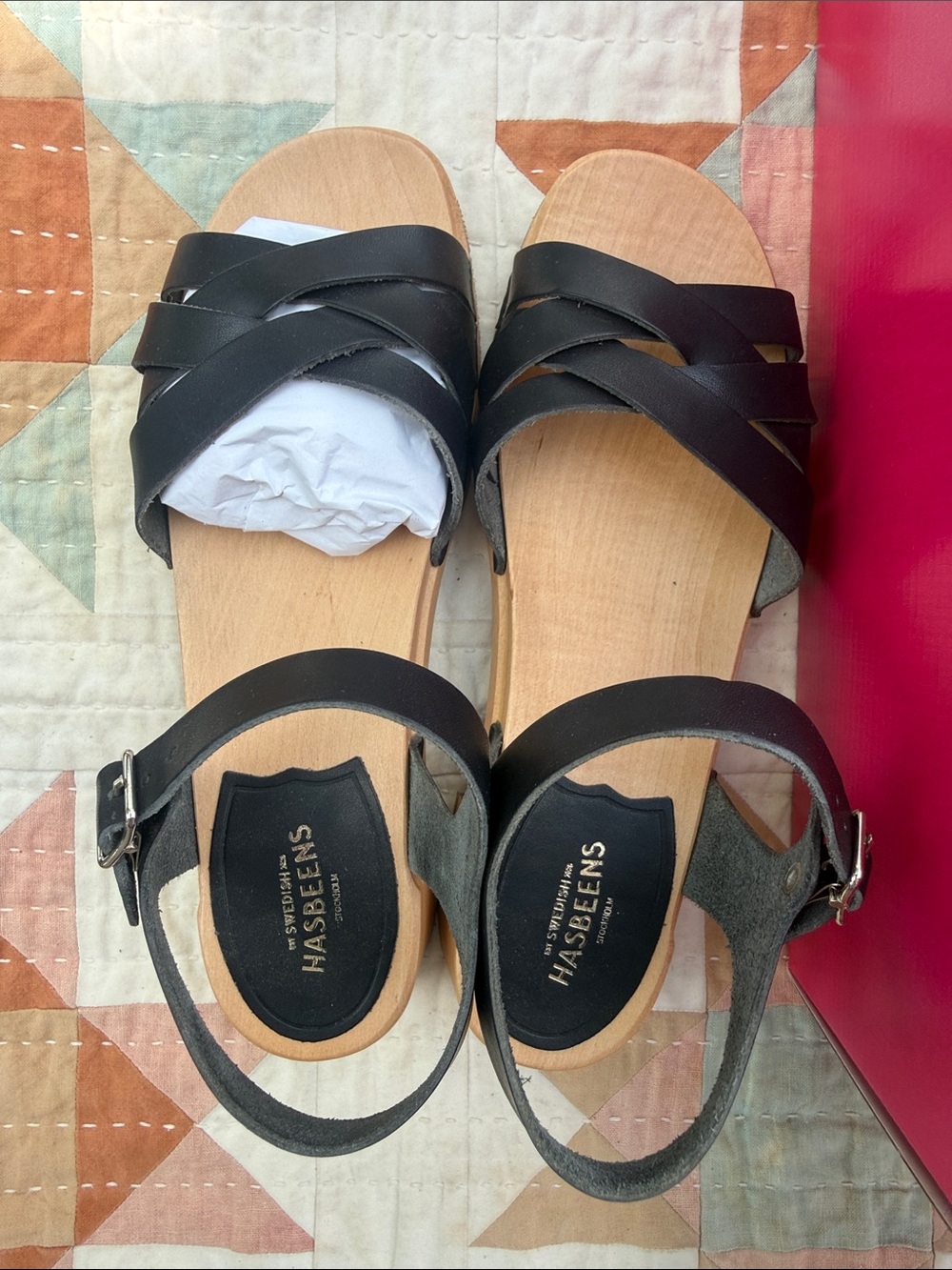 Swedish Hasbeens Black Leather Crisscross Strap Sandals